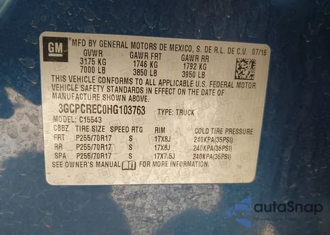 2017 Chevrolet Silverado 1500 1Lt from USA, damaged, VIN 3GCPCREC0HG103763